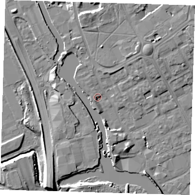 Shaded relief map of the ground around IG117BJ, computed from Environment Agency LiDAR. The ground here sits at about 4 m above sea level and falls 10 m across the surrounding 800 m. Surface water reaching this point runs off ground lying to the north-east, 5.2 m higher.