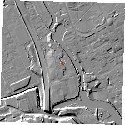 Shaded relief map of the ground around IG117BP, computed from Environment Agency LiDAR. The ground here sits at about 5 m above sea level and falls 13 m across the surrounding 800 m. Surface water reaching this point runs off ground lying to the south-south-west, 1.9 m higher.
