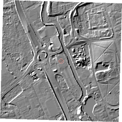 Shaded relief map of the ground around IG117BS, computed from Environment Agency LiDAR. The ground here sits at about 4 m above sea level and falls 8 m across the surrounding 800 m. Surface water reaching this point runs off ground lying to the north-east, 0.6 m higher.