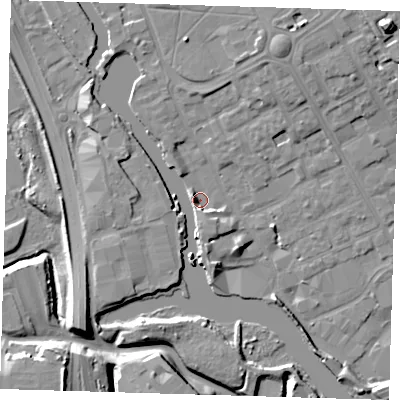 Shaded relief map of the ground around IG117BT, computed from Environment Agency LiDAR. The ground here sits at about 3 m above sea level and falls 14 m across the surrounding 800 m. Surface water reaching this point runs off ground lying to the north-north-east, 5.0 m higher.