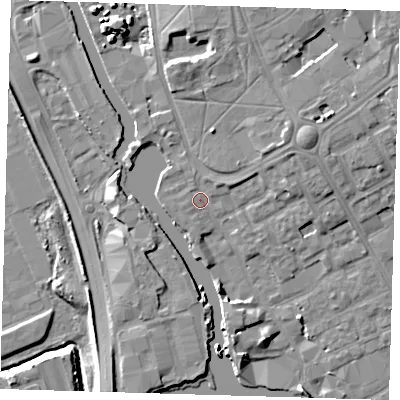 Shaded relief map of the ground around IG117BU, computed from Environment Agency LiDAR. The ground here sits at about 4 m above sea level and falls 9 m across the surrounding 800 m. Surface water reaching this point runs off ground lying to the north-east, 1.6 m higher.
