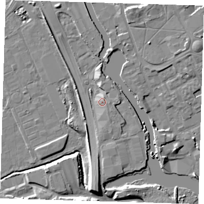 Shaded relief map of the ground around IG117BW, computed from Environment Agency LiDAR. The ground here sits at about 6 m above sea level and falls 12 m across the surrounding 800 m. Surface water reaching this point runs off ground lying to the south-east, 0.9 m higher.