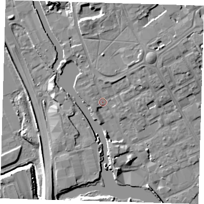Shaded relief map of the ground around IG117BX, computed from Environment Agency LiDAR. The ground here sits at about 4 m above sea level and falls 10 m across the surrounding 800 m. Surface water reaching this point runs off ground lying to the north-east, 4.7 m higher.