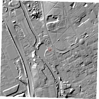 Shaded relief map of the ground around IG117BZ, computed from Environment Agency LiDAR. The ground here sits at about 5 m above sea level and falls 9 m across the surrounding 800 m. Surface water reaching this point runs off ground lying to the east-north-east, 6.0 m higher.