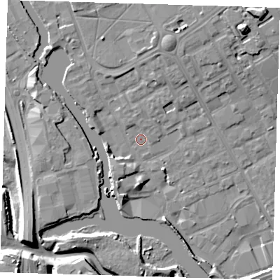 Shaded relief map of the ground around IG117DA, computed from Environment Agency LiDAR. The ground here sits at about 3 m above sea level and falls 14 m across the surrounding 800 m. Surface water reaching this point runs off ground lying to the north, 1.8 m higher.