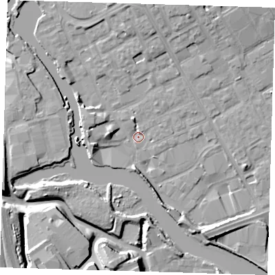 Shaded relief map of the ground around IG117DE, computed from Environment Agency LiDAR. The ground here sits at about 2 m above sea level and falls 11 m across the surrounding 800 m. Surface water reaching this point runs off ground lying to the north-north-west, 3.6 m higher.