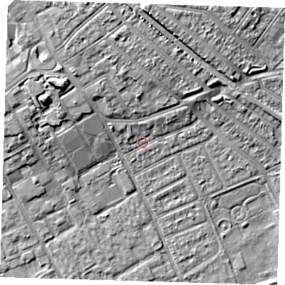Shaded relief map of the ground around IG117DH, computed from Environment Agency LiDAR. The ground here sits at about 4 m above sea level and falls 11 m across the surrounding 800 m. Surface water reaching this point runs off ground lying to the north-north-west, 5.5 m higher.