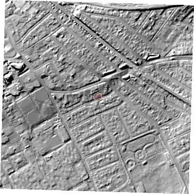 Shaded relief map of the ground around IG117DL, computed from Environment Agency LiDAR. The ground here sits at about 4 m above sea level and falls 11 m across the surrounding 800 m. Surface water reaching this point runs off ground lying to the north, 1.9 m higher.