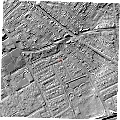 Shaded relief map of the ground around IG117DN, computed from Environment Agency LiDAR. The ground here sits at about 4 m above sea level and falls 16 m across the surrounding 800 m. Surface water reaching this point runs off ground lying to the north-west, 0.7 m higher.