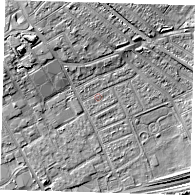 Shaded relief map of the ground around IG117DP, computed from Environment Agency LiDAR. The ground here sits at about 3 m above sea level and falls 14 m across the surrounding 800 m. Surface water reaching this point runs off ground lying to the north, 2.1 m higher.