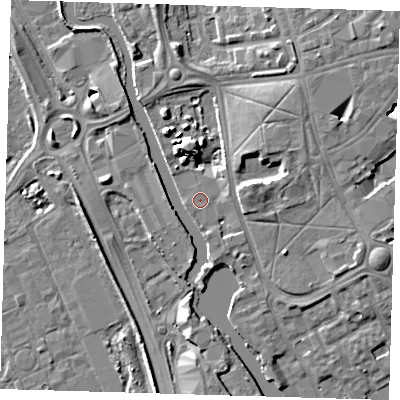 Shaded relief map of the ground around IG117DQ, computed from Environment Agency LiDAR. The ground here sits at about 4 m above sea level and falls 8 m across the surrounding 800 m. Surface water reaching this point runs off ground lying to the east, 2.1 m higher.