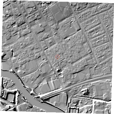 Shaded relief map of the ground around IG117DS, computed from Environment Agency LiDAR. The ground here sits at about 3 m above sea level and falls 10 m across the surrounding 800 m. Surface water reaching this point runs off ground lying to the north-north-west, 0.6 m higher.