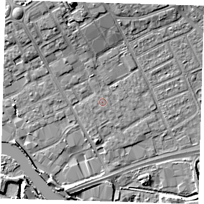 Shaded relief map of the ground around IG117DU, computed from Environment Agency LiDAR. The ground here sits at about 4 m above sea level and falls 12 m across the surrounding 800 m. The ground contributing surface water to this point lies to the north-north-west.