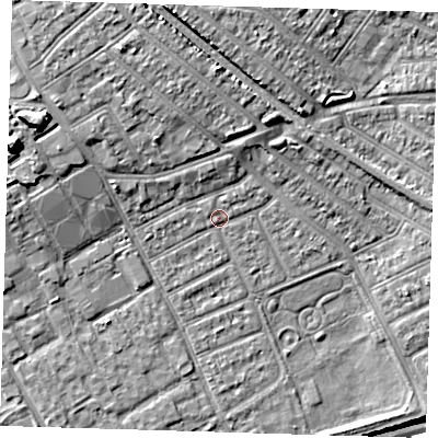 Shaded relief map of the ground around IG117DW, computed from Environment Agency LiDAR. The ground here sits at about 4 m above sea level and falls 17 m across the surrounding 800 m. Surface water reaching this point runs off ground lying to the north, 2.3 m higher.