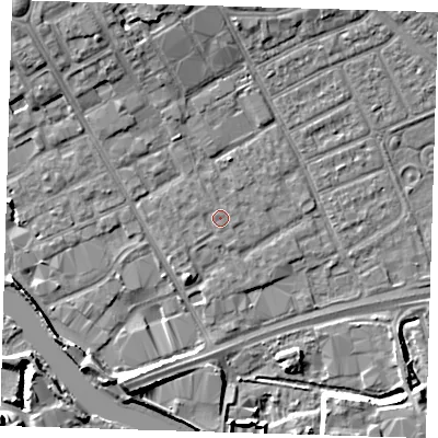 Shaded relief map of the ground around IG117DY, computed from Environment Agency LiDAR. The ground here sits at about 3 m above sea level and falls 10 m across the surrounding 800 m. Surface water reaching this point runs off ground lying to the west-north-west, 0.5 m higher.