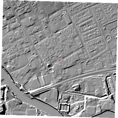 Shaded relief map of the ground around IG117DZ, computed from Environment Agency LiDAR. The ground here sits at about 3 m above sea level and falls 10 m across the surrounding 800 m. Surface water reaching this point runs off ground lying to the north-north-west, 0.6 m higher.