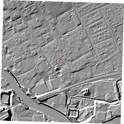Shaded relief map of the ground around IG117EB, computed from Environment Agency LiDAR. The ground here sits at about 3 m above sea level and falls 10 m across the surrounding 800 m. Surface water reaching this point runs off ground lying to the north-north-west, 0.9 m higher.