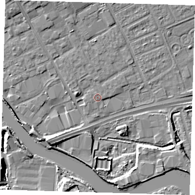 Shaded relief map of the ground around IG117ED, computed from Environment Agency LiDAR. The ground here sits at about 3 m above sea level and falls 10 m across the surrounding 800 m. Surface water reaching this point runs off ground lying to the north-north-west, 1.1 m higher.