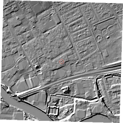 Shaded relief map of the ground around IG117EE, computed from Environment Agency LiDAR. The ground here sits at about 3 m above sea level and falls 10 m across the surrounding 800 m. The ground contributing surface water to this point lies to the north-north-east.