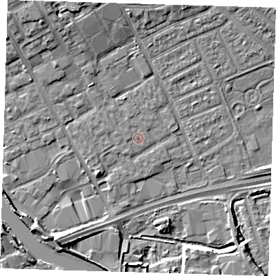 Shaded relief map of the ground around IG117EF, computed from Environment Agency LiDAR. The ground here sits at about 3 m above sea level and falls 9 m across the surrounding 800 m. Surface water reaching this point runs off ground lying to the north-west, 0.7 m higher.
