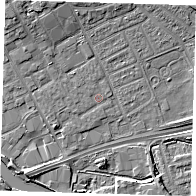 Shaded relief map of the ground around IG117EG, computed from Environment Agency LiDAR. The ground here sits at about 3 m above sea level and falls 11 m across the surrounding 800 m. Surface water reaching this point runs off ground lying to the west-north-west, 1.1 m higher.