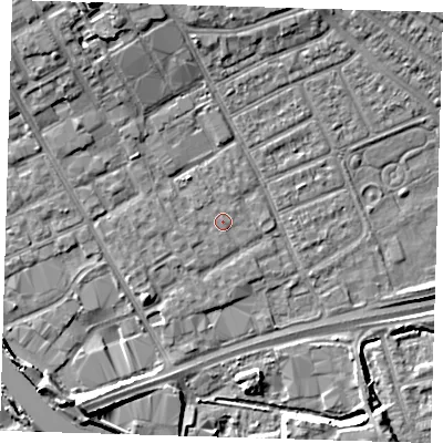 Shaded relief map of the ground around IG117EH, computed from Environment Agency LiDAR. The ground here sits at about 3 m above sea level and falls 12 m across the surrounding 800 m. Surface water reaching this point runs off ground lying to the west-north-west, 0.7 m higher.