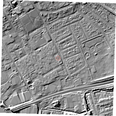 Shaded relief map of the ground around IG117EL, computed from Environment Agency LiDAR. The ground here sits at about 3 m above sea level and falls 14 m across the surrounding 800 m. Surface water reaching this point runs off ground lying to the north-west, 9.5 m higher.