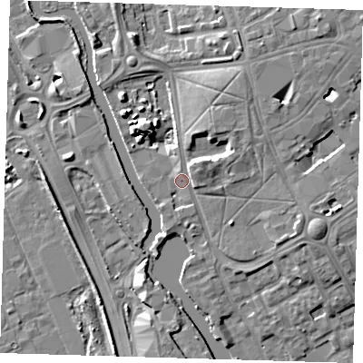 Shaded relief map of the ground around IG117EN, computed from Environment Agency LiDAR. The ground here sits at about 5 m above sea level and falls 8 m across the surrounding 800 m. Surface water reaching this point runs off ground lying to the north-north-east, 2.0 m higher.
