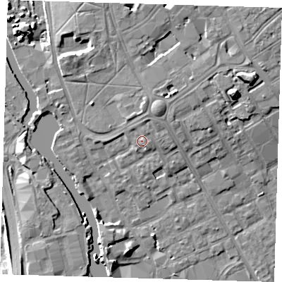 Shaded relief map of the ground around IG117ET, computed from Environment Agency LiDAR. The ground here sits at about 6 m above sea level and falls 11 m across the surrounding 800 m. Surface water reaching this point runs off ground lying to the north-north-east, 1.9 m higher.