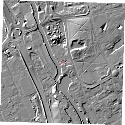 Shaded relief map of the ground around IG117EZ, computed from Environment Agency LiDAR. The ground here sits at about 4 m above sea level and falls 8 m across the surrounding 800 m. Surface water reaching this point runs off ground lying to the north-north-east, 2.1 m higher.