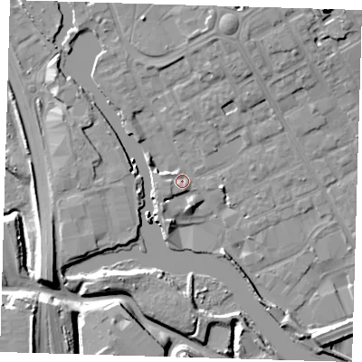 Shaded relief map of the ground around IG117FA, computed from Environment Agency LiDAR. The ground here sits at about 4 m above sea level and falls 14 m across the surrounding 800 m. Surface water reaching this point runs off ground lying to the north-north-east, 6.4 m higher.