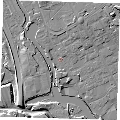 Shaded relief map of the ground around IG117FR, computed from Environment Agency LiDAR. The ground here sits at about 3 m above sea level and falls 13 m across the surrounding 800 m. Surface water reaching this point runs off ground lying to the north-north-east, 5.3 m higher.