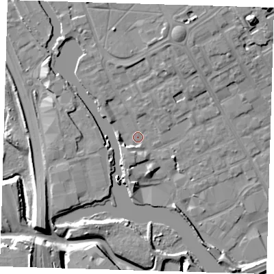 Shaded relief map of the ground around IG117FT, computed from Environment Agency LiDAR. The ground here sits at about 3 m above sea level and falls 14 m across the surrounding 800 m. Surface water reaching this point runs off ground lying to the north-north-east, 5.4 m higher.