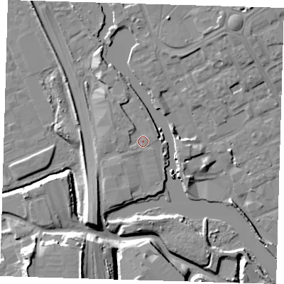 Shaded relief map of the ground around IG117FW, computed from Environment Agency LiDAR. The ground here sits at about 5 m above sea level and falls 14 m across the surrounding 800 m. Surface water reaching this point runs off ground lying to the south-west, 1.4 m higher.