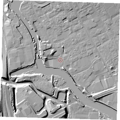 Shaded relief map of the ground around IG117GF, computed from Environment Agency LiDAR. The ground here sits at about 3 m above sea level and falls 12 m across the surrounding 800 m. Surface water reaching this point runs off ground lying to the north, 5.9 m higher.