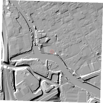 Shaded relief map of the ground around IG117GH, computed from Environment Agency LiDAR. The ground here sits at about 3 m above sea level and falls 16 m across the surrounding 800 m. Surface water reaching this point runs off ground lying to the north-north-east, 5.7 m higher.