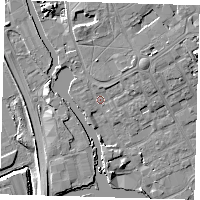 Shaded relief map of the ground around IG117GW, computed from Environment Agency LiDAR. The ground here sits at about 4 m above sea level and falls 12 m across the surrounding 800 m. Surface water reaching this point runs off ground lying to the north-east, 4.5 m higher.