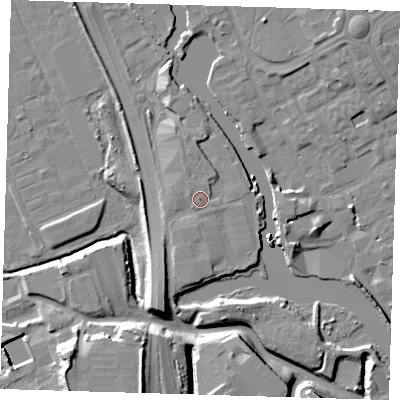 Shaded relief map of the ground around IG117HH, computed from Environment Agency LiDAR. The ground here sits at about 6 m above sea level and falls 14 m across the surrounding 800 m. Surface water reaching this point runs off ground lying to the south-south-west, 1.3 m higher.