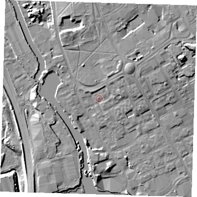 Shaded relief map of the ground around IG117HJ, computed from Environment Agency LiDAR. The ground here sits at about 4 m above sea level and falls 12 m across the surrounding 800 m. Surface water reaching this point runs off ground lying to the north-east, 4.1 m higher.