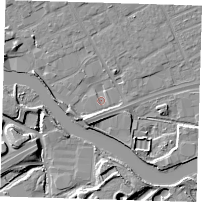 Shaded relief map of the ground around IG117HP, computed from Environment Agency LiDAR. The ground here sits at about 2 m above sea level and falls 11 m across the surrounding 800 m. Surface water reaching this point runs off ground lying to the south, 1.4 m higher.