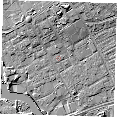Shaded relief map of the ground around IG117HQ, computed from Environment Agency LiDAR. The ground here sits at about 4 m above sea level and falls 11 m across the surrounding 800 m. Surface water reaching this point runs off ground lying to the north-north-west, 1.1 m higher.