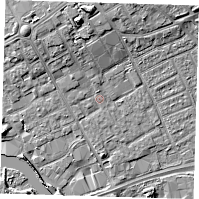 Shaded relief map of the ground around IG117HS, computed from Environment Agency LiDAR. The ground here sits at about 4 m above sea level and falls 11 m across the surrounding 800 m. Surface water reaching this point runs off ground lying to the north-north-west, 5.0 m higher.