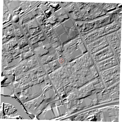 Shaded relief map of the ground around IG117HU, computed from Environment Agency LiDAR. The ground here sits at about 4 m above sea level and falls 11 m across the surrounding 800 m. Surface water reaching this point runs off ground lying to the north-north-west, 5.0 m higher.