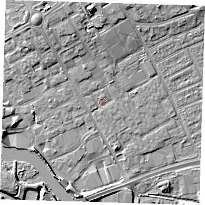 Shaded relief map of the ground around IG117HX, computed from Environment Agency LiDAR. The ground here sits at about 4 m above sea level and falls 12 m across the surrounding 800 m. Surface water reaching this point runs off ground lying to the north-north-west, 5.1 m higher.
