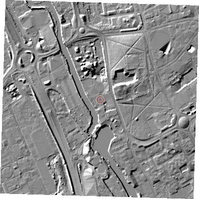 Shaded relief map of the ground around IG117HZ, computed from Environment Agency LiDAR. The ground here sits at about 4 m above sea level and falls 8 m across the surrounding 800 m. Surface water reaching this point runs off ground lying to the north-east, 2.1 m higher.