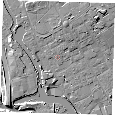 Shaded relief map of the ground around IG117JA, computed from Environment Agency LiDAR. The ground here sits at about 4 m above sea level and falls 12 m across the surrounding 800 m. Surface water reaching this point runs off ground lying to the north-north-east, 1.5 m higher.