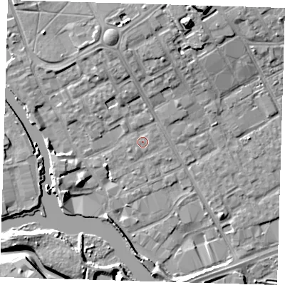 Shaded relief map of the ground around IG117JP, computed from Environment Agency LiDAR. The ground here sits at about 4 m above sea level and falls 12 m across the surrounding 800 m. Surface water reaching this point runs off ground lying to the north-east, 0.8 m higher.
