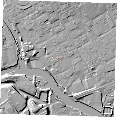Shaded relief map of the ground around IG117JR, computed from Environment Agency LiDAR. The ground here sits at about 3 m above sea level and falls 11 m across the surrounding 800 m. Surface water reaching this point runs off ground lying to the north, 0.7 m higher.