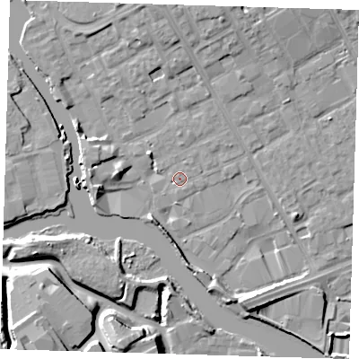 Shaded relief map of the ground around IG117JS, computed from Environment Agency LiDAR. The ground here sits at about 3 m above sea level and falls 11 m across the surrounding 800 m. Surface water reaching this point runs off ground lying to the east-south-east, 1.2 m higher.