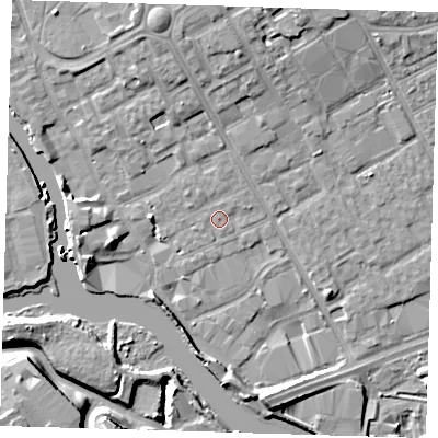 Shaded relief map of the ground around IG117JT, computed from Environment Agency LiDAR. The ground here sits at about 3 m above sea level and falls 11 m across the surrounding 800 m. Surface water reaching this point runs off ground lying to the south-south-west, 0.6 m higher.